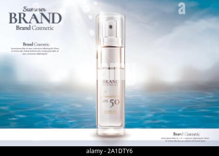 Kosmetische Sprühflasche Ads auf Ozean Hintergrund im 3D-Bild Stock Vektor