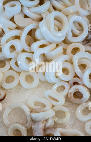 Raw Tintenfischringe auf weißem Hintergrund in Seafood Market isoliert Stockfoto