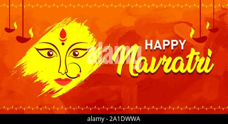 Happy Navratri. Indisches Fest der Göttin Durga Puja Maa Banner, Logo, Konzept, Grußkarten, Poster, Mnemonic auf roter Farbe pinselstriche Hintergrund Stock Vektor