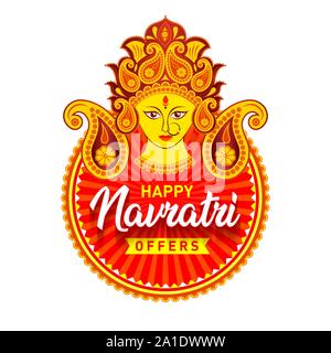 Verkauf Banner für Indische Festival von navratri Feier, Big Navratri Rabatt Verkauf Angebot Logo Design, Aufkleber, Konzept, Icon, Mnemonic mit Durga Maa Stock Vektor