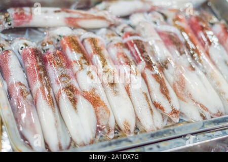 Frische leckere Meeresfrüchte serviert auf Crushed Eis, Nahaufnahme. Stockfoto