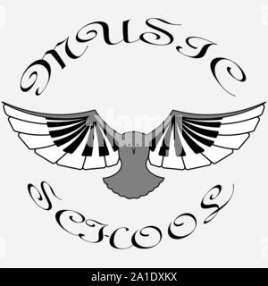 Kunst Logo der klassischen Musik in Form einer Eule mit Flügeln aus Piano keys Stock Vektor