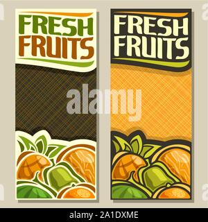 Vektor vertikale Banner für frische Früchte mit Kopie Raum: Ananas, Melone, grüne Birne, saftige Wassermelone, Orange, Fruit Mix, Layout mit original Font Stock Vektor