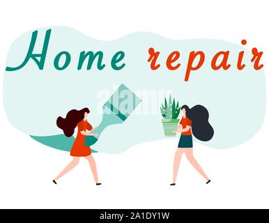 Vector Illustration mit Menschen mit Tools für Malerarbeiten, Reparatur Inschrift. Malerei, Reparatur von Räumlichkeiten. Gebäude, Bau, home Stock Vektor