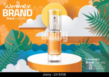 Sommer spray Produkt auf runde Podium und Papier Kunst tropischen Blatt Hintergrund im 3D-Illustration, kosmetische Ads Stock Vektor