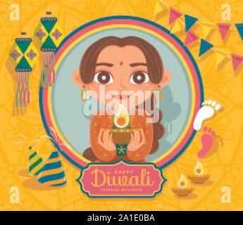 Happy Diwali Festival mit schönen Frau mit öl Lampe auf gelbem Hintergrund im flachen Stil Stock Vektor