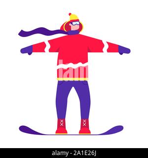 Männliche pesson Skates auf dem Snowboard Flat Style Design Charakter stehend auf dem Schnee. Wintersport Vector Illustration auf weißen isoliert Stock Vektor