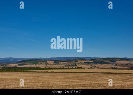 Die Felder und Ackerland auf die unteren Hänge des Strathmore Tal auf ein helles, klares September Tag mit isolierten landwirtschaftlichen Gebäuden in der Ferne. Stockfoto