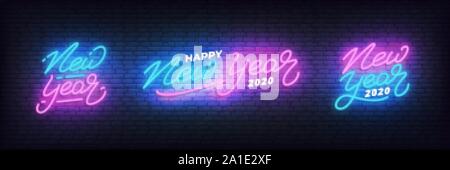 Neues Jahr neon eingestellt. Leuchtende neon-Schriftzug Vorlage für neue Jahr Feier 2020 Stock Vektor