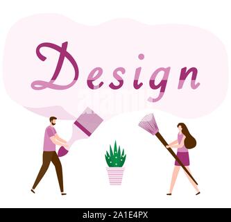 Vector Illustration mit Menschen mit Tools für Malerarbeiten, design Inschrift. Malerei, Reparatur von Räumlichkeiten. Gebäude, Bau, Instandsetzung Stock Vektor