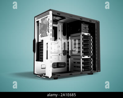 System Einheit eines Personal Computers Black Metal leeren 3D-Render auf blauem Hintergrund mit Schatten Stockfoto
