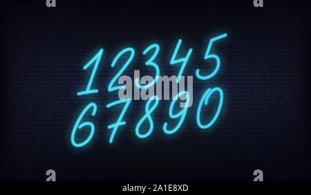 Neon Anzahl Zeichen gesetzt. Leuchtende neon hand Schrift Zahlen in einem Satz Stock Vektor