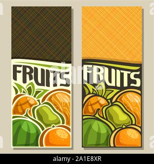 Vektor vertikale Banner für Früchte mit Kopie Raum: Ananas, Honigmelone, grüne Birne, saftige Wassermelone, Orange, Gemüse Obst mix, Layout mit Original Stock Vektor