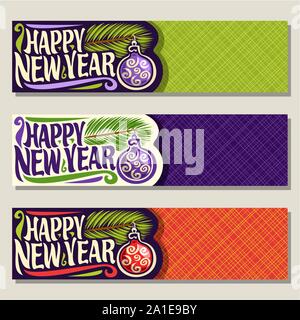Vektor Banner für neues Jahr Urlaub: 3 web Schneidwerken, die mit einem Zweig der Weihnachtsbaum, hängende Weihnachten Kugeln auf bunten geometrischen Hintergrund, Kalligraphie h Stock Vektor