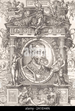 Kaiser Karl V. mittelalterlichen Gravur - 1550. Karl V., Kaiser des Heiligen Römischen Reiches von 1519, König von Spanien (Kastilien und Aragon, wie Charles I) von 1516, und der herrschende Fürst der habsburgischen Niederlande von 1506. mittelalterlichen Gravur. Stockfoto