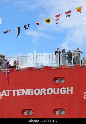 Der Herzog und die Herzogin von Cambridge während der taufzeremonie der Polarforschung Schiff, das einer öffentlichen Abstimmung Boaty McBoatface, auf der Werft Cammell Laird in Birkenhead, Merseyside zu nennen. Stockfoto