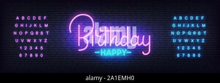 Happy Birthday neon Vektor. Glühende Nacht helle Schrift zeichen für Geburtstag oder Jahrestag Feier Stock Vektor
