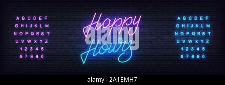Glückliche Stunden neon Vektor Schriftzug. Glühende Nacht helle Zeichen für Cafe, Bar, Restaurant Werbung Stock Vektor