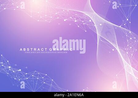 Erweiterung des Lebens. Bunte explosion Hintergrund mit angeschlossenen Leitung und Punkten, Wave fließen. Visualisierung Quantum Technologie. Abstrakte Grafik Stock Vektor