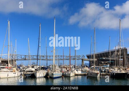 Port Olimpic, Segelboote und Yachten im Olympischen Hafen und Marina in Barcelona, Spanien Stockfoto