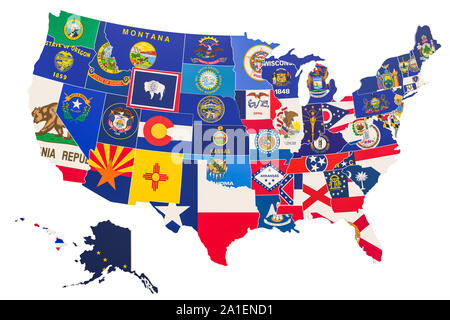 Vereinigte Staaten von Amerika Karte mit Flaggen, 3D-Rendering auf weißem Hintergrund Stockfoto