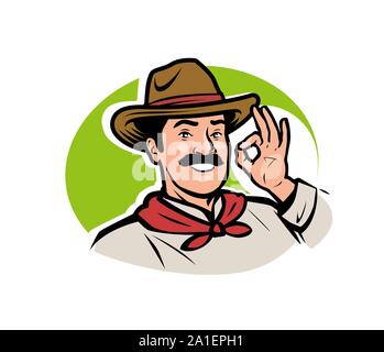 Lustige Cartoon Landwirt Logo. Landwirtschaft, Landwirtschaft Vektor Illustration Stock Vektor