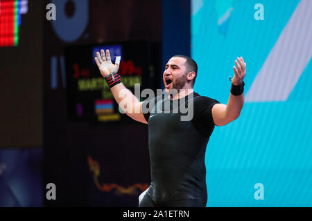 Pattaya, Thailand. 26 Sep, 2019. Simon Martirosyan von Armenien feiert während der Männer 109 kg Gruppe einen Wettbewerb, der sich an die 2019 Meisterschaften im Gewichtheben in Pattaya, Thailand, Sept. 26, 2019 statt. Credit: Zhang Keren/Xinhua/Alamy leben Nachrichten Stockfoto