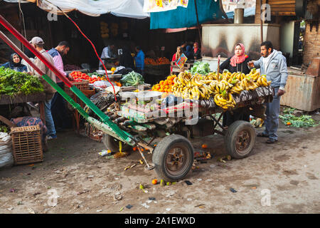 Alexandria, Ägypten - Dezember 18, 2018: ägyptische Bauern sind in der Nähe von hölzernen Pferd Warenkorb voller Obst gezeichnet Stockfoto