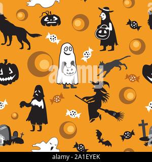 Vektor nahtlose Muster mit unterschiedlichen Halloween Symbole (bat, Hexe, ghost, Grab, schwarze Katze, Wolf, Friedhof, Süßigkeiten, Kürbis) auf orangem Hintergrund, Sto Stock Vektor