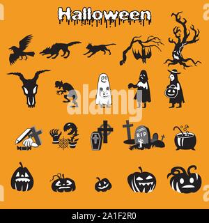 Vektor einrichten der verschiedenen Halloween Symbole Silhouette in den Farben Schwarz und Weiß (unheimlich toten Baum, Krähe, Katze, Zombie, Werwolf, Kessel, Schädel, Kürbisse ein Stock Vektor