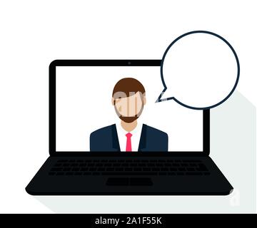Business Mann in Computer Display mit Sprechblase online Support Vector Illustration EPS 10. Stock Vektor