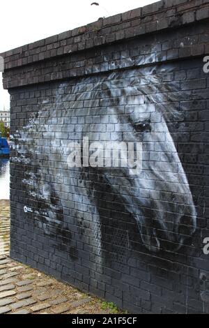 Street Art - Pferd - Sheffield Garbe Kai - Fünf Wehre zu Fuß - Kanalseite Stockfoto