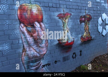 Street Art - Sheffield Garbe Kai - Fünf Wehre zu Fuß - Kanalseite Stockfoto