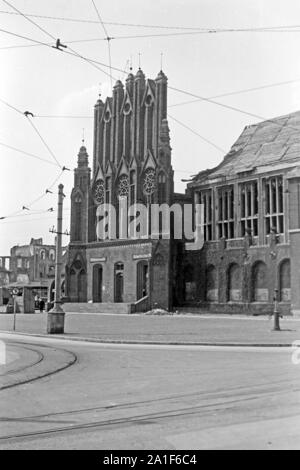 Blick auf die Fassade vom Rathaus in Frankfurt/Oder, kurz vor Eröffnung des Frühlingsmarkts, Deutschland 1949. Blick auf die Vorderseite der Frankfurter Rathaus, kurz vor der Eröffnung der Feder Markt, Deutschland 1949. Stockfoto