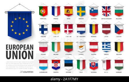 Europäische Union Flaggen und Mitgliedschaft. 3D realistische Wimpel aufhängen Design. Weiß isoliert Hintergrund und Europa Karte. Vektor. Stock Vektor