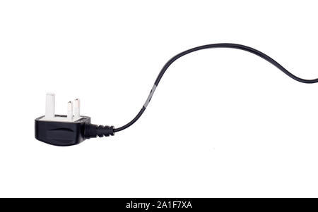 UK 3-poligen Netzstecker auf weißem Hintergrund mit Flex isoliert, Kabel. Stockfoto