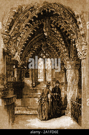 Die Rosslyn Chapel, Midlothian Schottland 1890 zeigt zwei viktorianischen Frauen nahe dem Lehrling Säule steht. Die Kapelle war zuvor als den College Kapelle des Hl. Matthäus bekannt Stockfoto