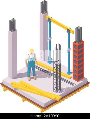 Vektor isometrische monolithischen Betonbau Baustelle. Schalungen, Spalten, Builder in hardhat, Holzboden, Träger, Stabstahl für Re Stock Vektor