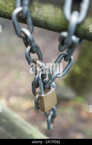 Ein Vorhängeschloss hängt an einer Kette auf eine alte hölzerne Tor log mit Moos im Park. Der Begriff der Privatsphäre im Leben und im Internet. vertikale Foto Stockfoto