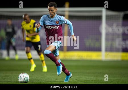 Oxford, UK. 25 Sep, 2019. Nathan Holland von West Ham Utd während der carabao Pokalspiel zwischen dem Oxford United und West Ham United in der Kassam Stadion, Oxford, England am 25. September 2019. Foto von Andy Rowland. Credit: PRiME Media Images/Alamy leben Nachrichten Stockfoto