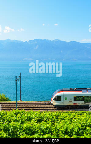 St. Saphorin, Schweiz - 26. Juli 2019: Zug auf Scenic Railway an der Küste von Genfer See in der Schweiz führt. Grüner Weinberg auf den angrenzenden Hang. Weinregion Lavaux. Berge im Hintergrund. Stockfoto