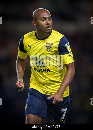 Oxford, UK. 25 Sep, 2019. Rob Hall des Oxford United während der carabao Pokalspiel zwischen dem Oxford United und West Ham United in der Kassam Stadion, Oxford, England am 25. September 2019. Foto von Andy Rowland. Credit: PRiME Media Images/Alamy leben Nachrichten Stockfoto