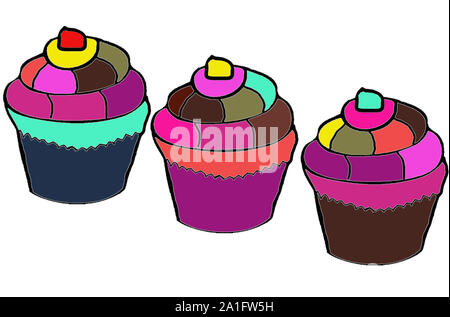 Bunten cupcakes isoliert in Weiß. Drei süße Muffins Abbildung Hand gezeichnet. Stockfoto