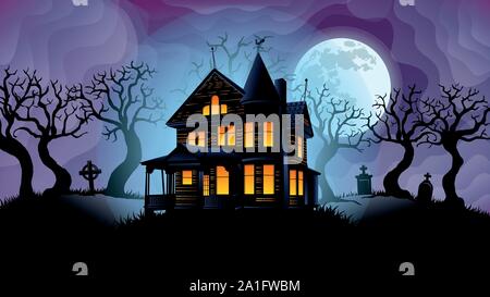 Alte haunted House mit gelben Leds umgeben von Silhouetten von Bäumen mit einem Friedhof hinter mit großen weißen Mond hinter über purple sky mit Nebel Stock Vektor