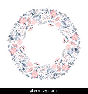 Weihnachten vektor Kranz mit rosa Blüten und Kegel Filialen mit Platz für Text. Isolierte xmas Illustration für Grußkarte, Poster und Web Stock Vektor