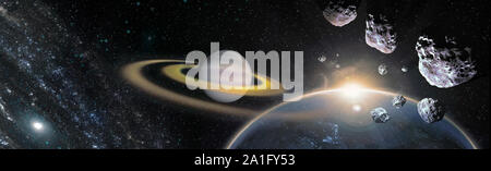 Colofrul Raum Szene mit Planeten, Sterne und Galaxien. Panorama horizontale Ansicht Stockfoto