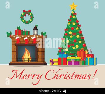 Grußkarte mit geschmückten Weihnachtsbaum und Kamin mit Stern, Deko Kugeln und Bögen und Geschenke unter dem Baum. Stock Vektor