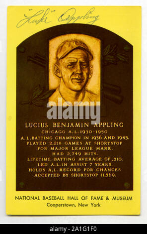 National Baseball Hall of Fame souvenir Postkarte mit Plakette und Autogramm von Lukas Appling. Stockfoto