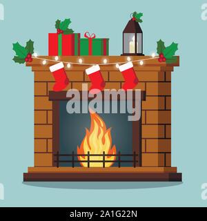 Isolierte Kamin Weihnachten Geschenke, Mistel, Girlande, Socken eingerichtet. Stock Vektor