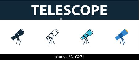 Teleskop Icon Set. Vier einfache Symbole in verschiedenen Stilen aus dem Weltraum icons Collection. Kreative Teleskop Icons, Outline, farbige und flach Stock Vektor